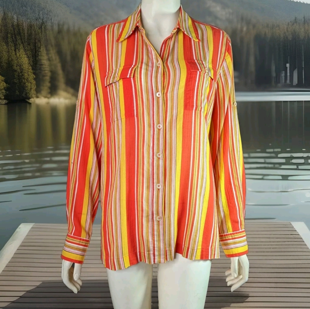Orange Red Yellow Striped Blouse M Jones New York - Picture 1 of 16